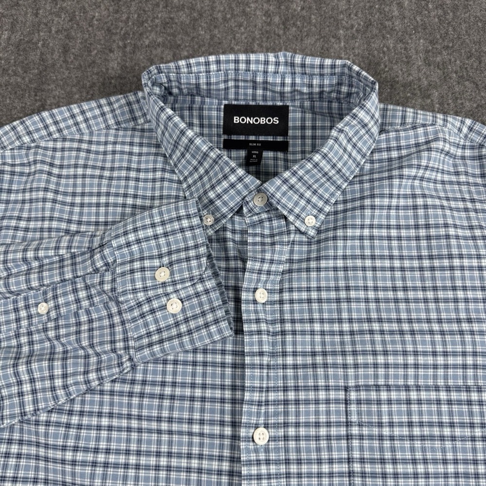Bonobos Men's XL Long Slim Fit Plaid Button Down Shirt Blue Gray Long Sleeve
